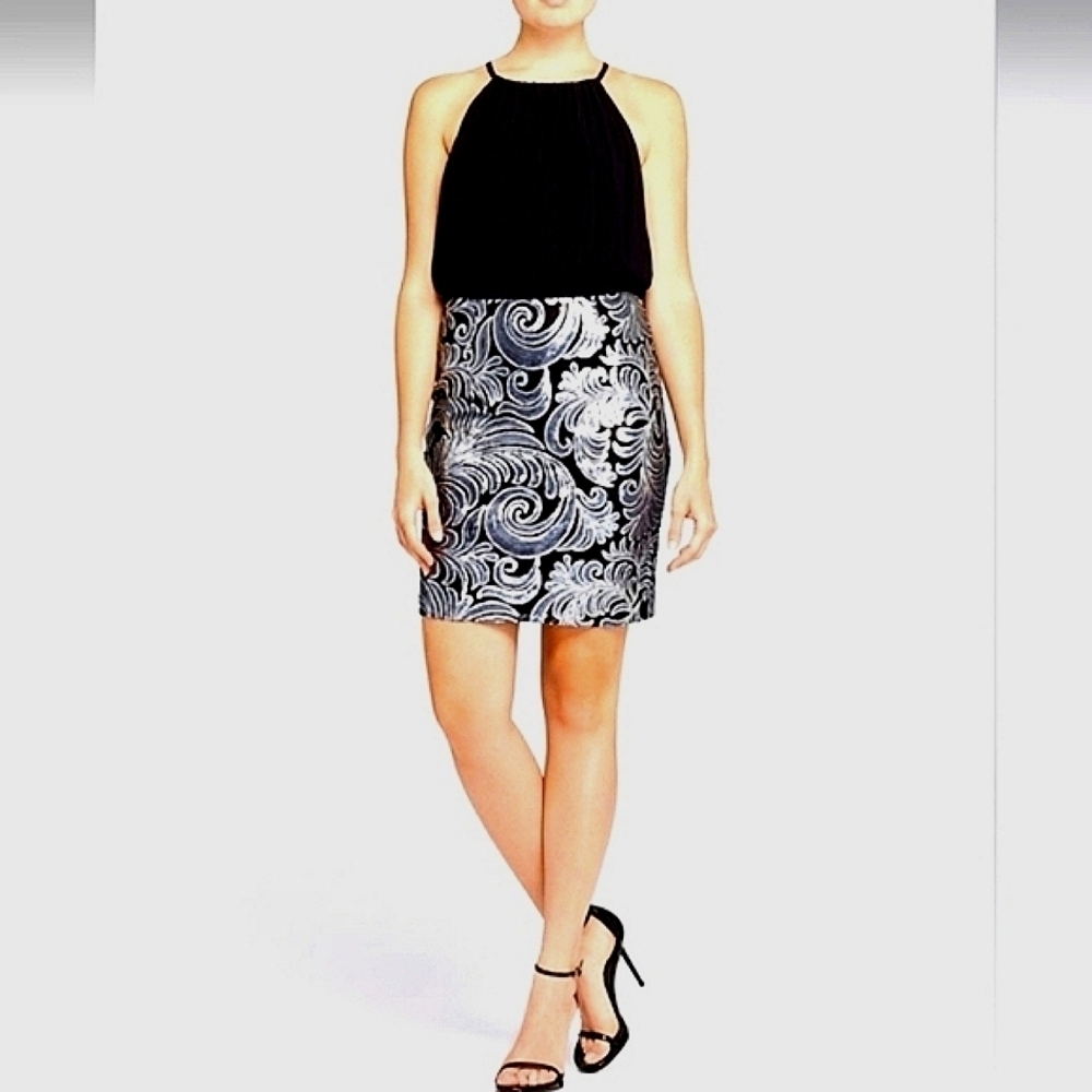 LAUNDRY BY SHELLI SEGAL SIZE 8 BLACK SILVER SEQUINS METALLIC‎ DRESS BODICE